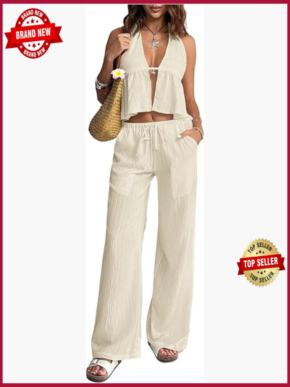Sexy Halter Top & Wide Leg Pants Set - Sleeveless 2 Piece Outfit